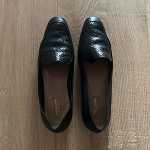 AQUAZZURA Greenwich Loafers, Black textured leather flats, gold heel, 39.5